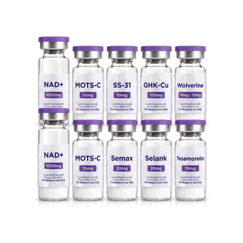 Ultimate Research Collection — 2× NAD⁺ 1,000mg + 2× MOTS-C 10mg + SS-31 10mg + GHK-Cu 100mg + BPC/TB Blend + Semax 30mg + Selank 20mg + Tesamorelin 10mg Peptides - Thumbnail